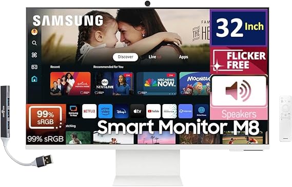 Samsung 32-Inch M8 (M80D) 4K UHD Smart Monitor with Streaming TV, Speakers, HDR10+, AI Upscaling, Ergonomic Stand, Slimfit Camera, Gaming Hub, USB-C & DKZ USB Port Expander, (LS32DM801UNXZA)