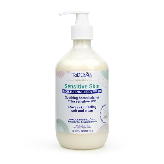 TriDerma Moisturizing Sensitive Skin Body Wash, Premium Botanicals, Aloe Vera, Chamomile, Oat, Shea Butter, Niacinamide, Creamy Body Cleanser, Paraben Free, 16.9 fl oz