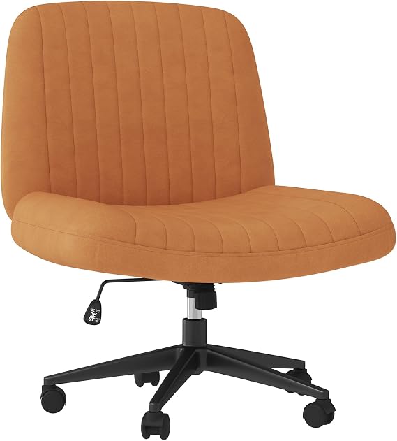 Shintenchi Criss Cross Chair,Cross Legged Office Seat with Wheels Armless Swivel Vanity Chair,Height Adjustable Wide Computer Task Seating for Home Office,PU Leather,Orange
