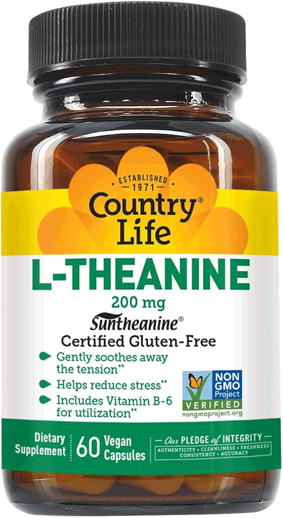 Country Life L-Theanine 200 mg with Vitamin B6, 60 Capsules | Clinically studied Suntheanine supports focus and relaxation; certified vegan, gluten-free and Non-GMO Project Verified