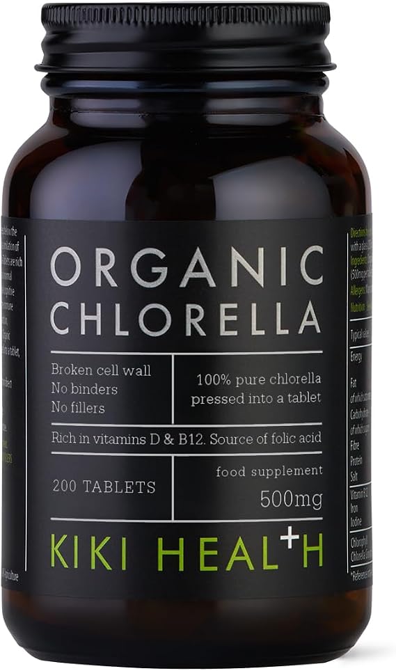 KIKI Health Organic Chlorella Tablets | 100% Organic Chlorella - Digestive, Immune, Brain Health | Natural Source of Vegan Protein & Vitamins | Superfood for Detox Support, 200 Tablets (500mg)