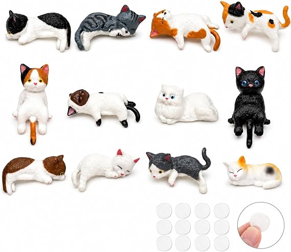 12PCS Mini Cat Figurines, Cute Resin Cat Desk Accessories for Monitor, Desk Decor & Car Dashboard, Kawaii Mini Cats Office Desk Decor, Adorable Cat Accessories Gift for Cat Lovers