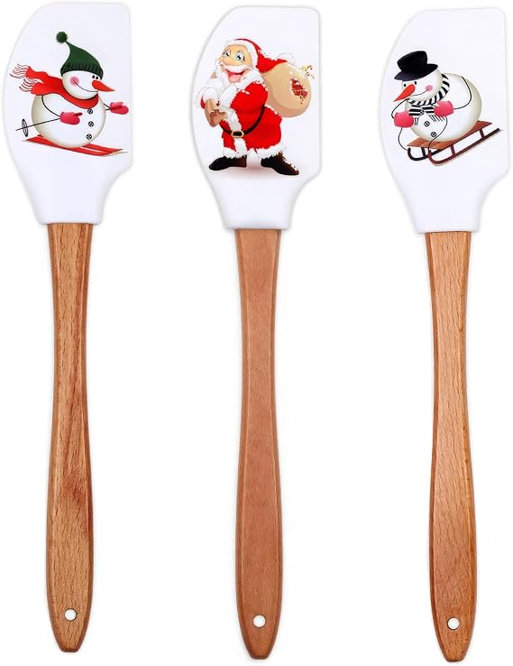 Silicone Spatula, Caliamary 3 Pieces Kitchen Silicone Spatula Set, Christmas Cake Decorating Spatula with Wooden Handle, Snowman Gingerbread Man and Santa Claus Pattern... (Santa Claus)