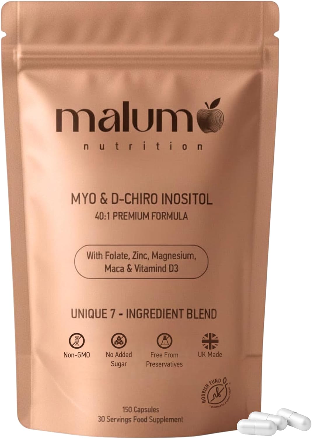 Malum Myo Inositol &amp; D-Chiro Inositol 40:1 Complex with Magnesium, Zinc, Folate &amp; Vitamin D3 | 150 Vegan Capsules | Supports Fertility, PCOS, Metabolic Health &amp; Hormone Balance
