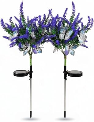Solar Garden Decor Lights Outdoor, Lavender Butterfly Flower Stakes Light, 2 Pack Waterproof LED Flower Lights, for Garden Pathway Patio Backyard Landscape Warm White