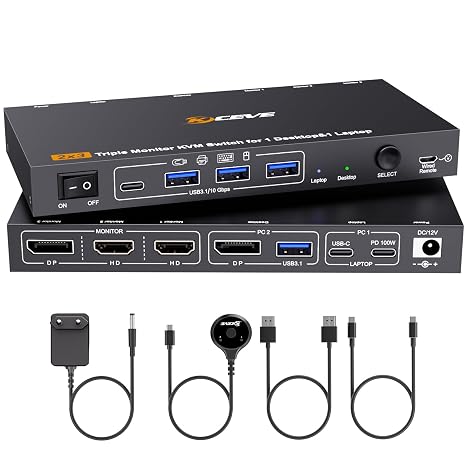 4K@60Hz USB C DP KVM Switch 1 PC 1 Laptop Sharing 3 Monitors and 4 USB 3.0 Ports, PD 100W for Laptop, USB-C Docking KVM switch with Power Adapter Wired Remote Control and USBA+USBC Cable