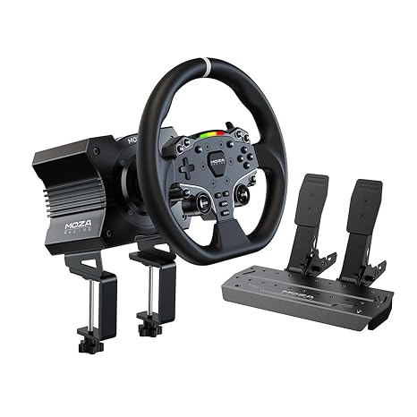 MOZA R5 All-in-One PC Gaming Racing Simulator 3PCS Bundle: 5.5Nm Direct Drive Wheel Base, 11-inch Racing Wheel, Anti-Slip Pedals and a Desk Clamp, Cloud-based App Control Aviation-Grade Aluminum Build | incl. 5.5Nm R5 DD Wheelbase, 11-inch Steering Wheel, SR-P Lite Pedals and Table Clamp