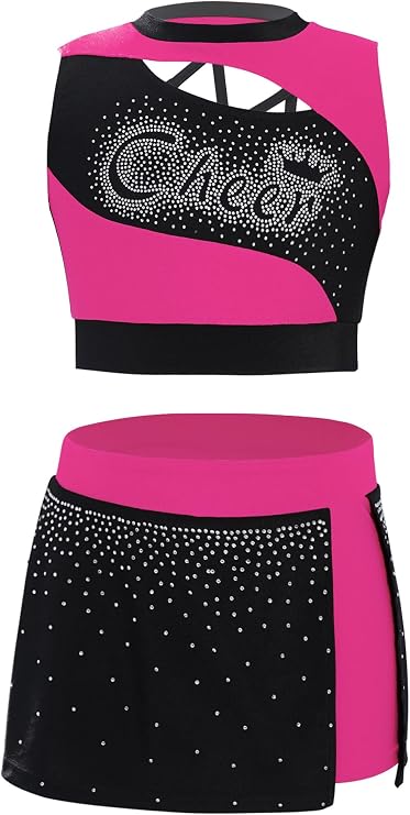 Kids Girls Cheerleading Outfit Cheer Leader Sleeveless Shiny Crop Top with Side Slit Mini Skirt