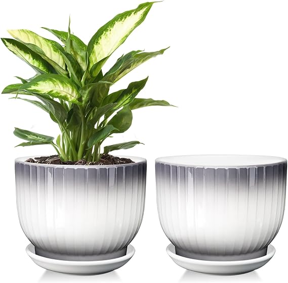 Ceramic Plant Pots,6.7 Inch,Set of 2,Planters with Drainage Hole and Saucer,Flower pots for Indoor Plants,Modern Design(Gray+White)