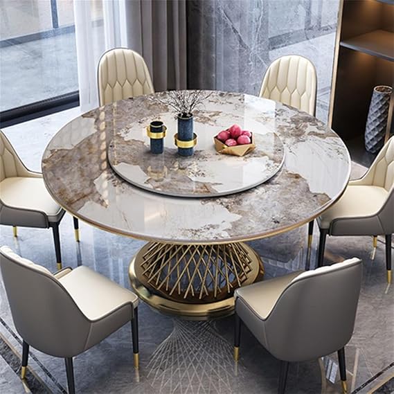 LAKIQ Round Sintered Stone Dining Table with Lazy Susan Modern Pedestal Dining Table Gold Metal Base - Table Only-Without Chairs (Gray,51.2" L x 51.2" W x 29.5" H)