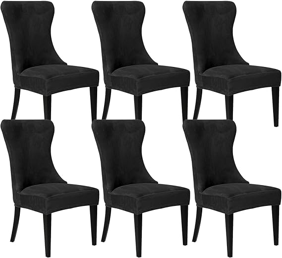 Velvet Wingback Side Chair Slipcover-Black-Set of 6