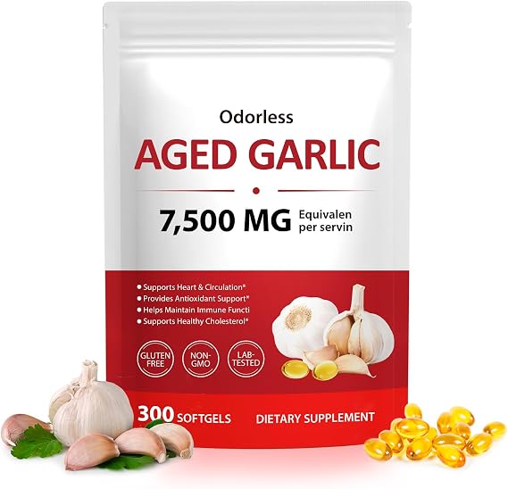 Aged Garlic Extract 7500mg Equivalent, 15:1 High Potency Odorless Garlic Softgels, Supports Heart Health, Circulation & Immune Function - Non-GMO, Gluten-Free - 300 Softgels