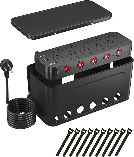 Power Strip with Cable Management Box, Large Cable Organizer Box, Black