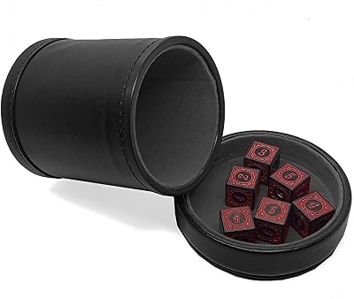 Set of 6 Black & Red Opaque Dice 16mm 6-Sided Numerals 1-6 Squared Corners  PU Leather Cup with Removable Matching Lid Cover Tray Felt Lined