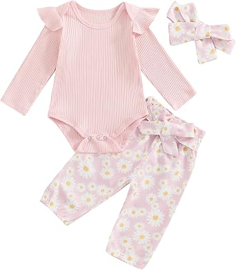 fhutpw Baby Girl Clothes 3 6 9 12 Months Outfits Long Sleeve Knitted Romper & Daisy Pants Fall Winter 3Pcs Clothes Sets