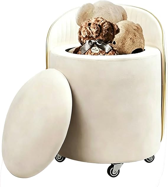 KLASIKA Round Storage Ottoman, Upholstered Velvet Vanity Stool with Lumbar Support, Swivel Rolling Wheels, Small Foot Stools Coffee Table Padded Seat for Makeup Room, Living Room, Bedroom (Beige)
