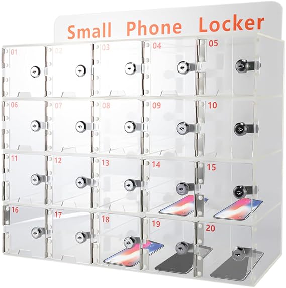 20 Slots Clear Cell Phones Lock Box Cell Phone Holder for Classroom Cellphone Locker for Office Cell Phone Jail for Teachers Wall Cell Phone Organizer Storage Cabinet for Mobile Phones (20 Doors)