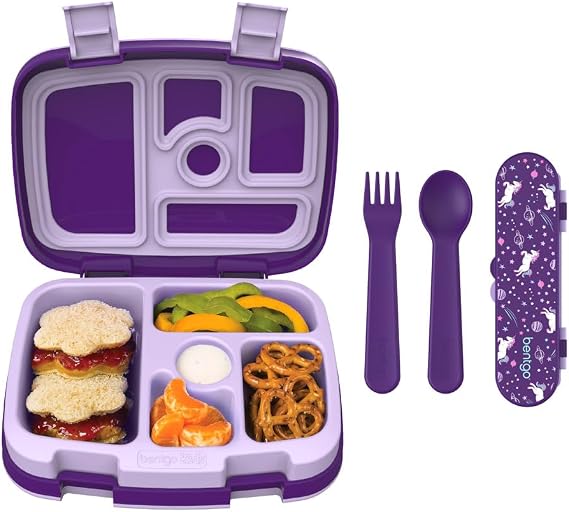 Bentgo Kids Prints 5-Compartment Bento-Style Kids Lunch Box Set with Reusable Plastic Utensils (Unicorn)