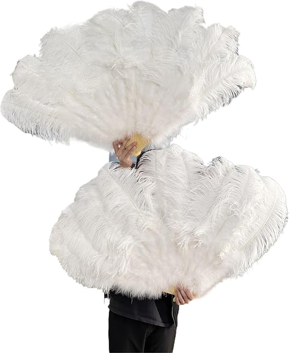 Feather Fan 90CM Ostrich Feathers Fan 13Bone Stage Show Performance Dance Props Plumages Fans Foldable with Crafts Fan Feather(White,A Pair(2PCS))