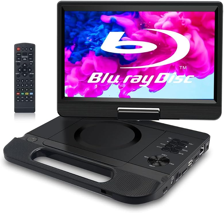 FANGOR Portable Blu-ray Player 12.5" 10.1 inch Rotating Screen HDMI Output CPRM Earphone Jack Input/AV Input Output 3 Power Supply Options Instruction Manual Included