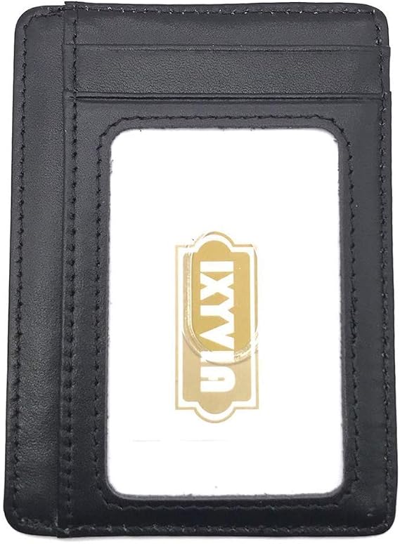 RFID Blocking Top Grain Leather Slim ID Card Holder (Black)