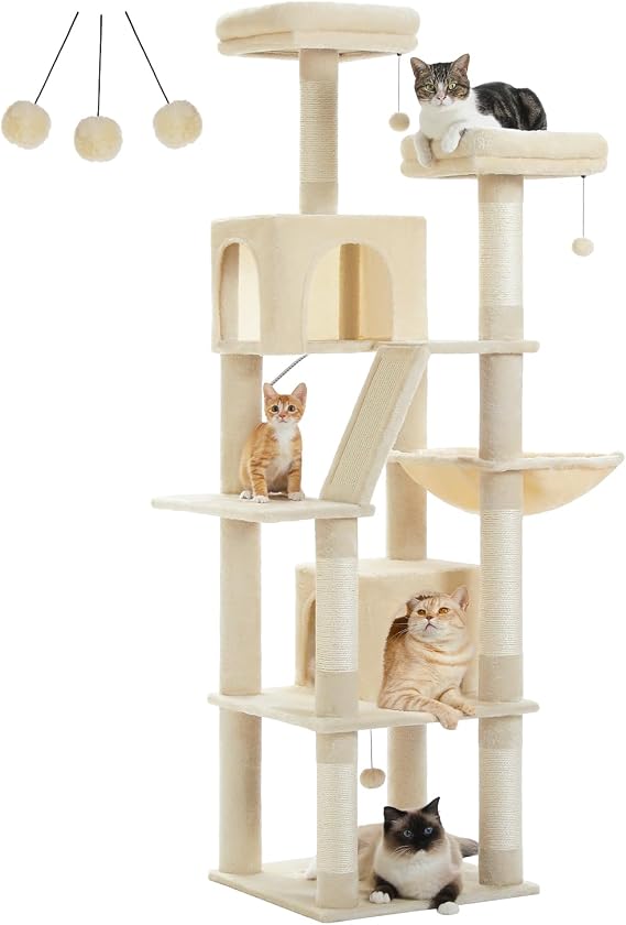 PETEPELA 48'' Solid Wood Cat Tree with Rattan Basket, Condo & Perch White
