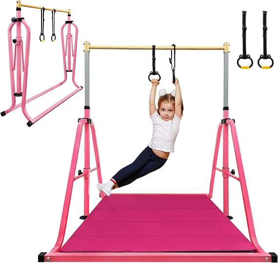 Foldable Gymnastics Bar with Ring&Mat for Kids Ages 3-15,3ft-5ft Height | Sturdy Trangle Steel Frame, 350LBS Max Load, Easy Assemble and Fold within Mins, Perfect Girls Home Training Equipment