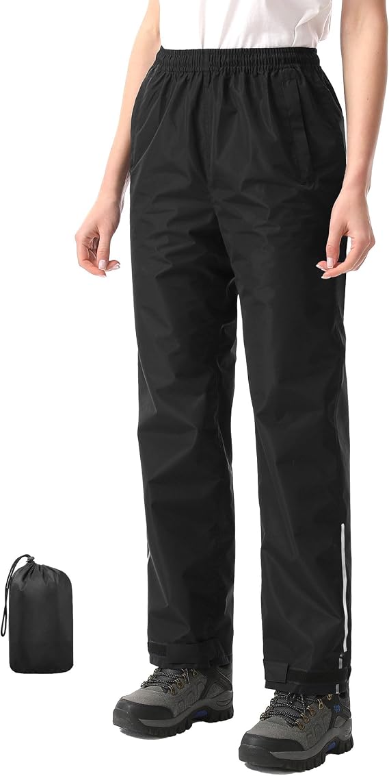 iCreek Women's Rain Pants Packable Waterproof Lightweight Hiking Over Pants | Zipper Pockets, Pants Leg Reflective Strip, Hook & Loop, Storage Pouch, for Hiking, Fishing, Golf, Work, Daily Wear