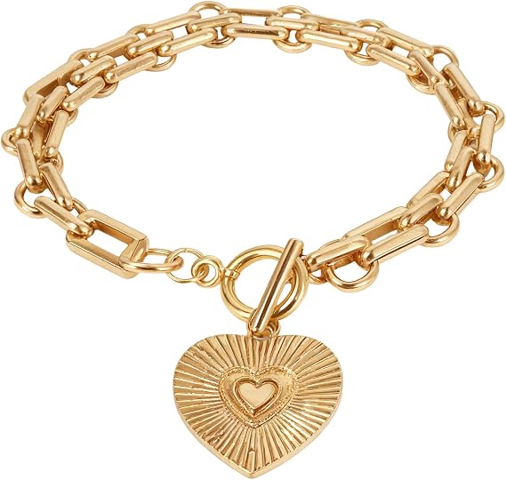 Heart Charm Bracelet for Women,Elegant Metal Big Heart Pendant Chain Bracelet,Chunky Stackable Link Chain Bracelet,Fashion Party Jewelry Accessories,Trendy Valentines Bracelet for Women