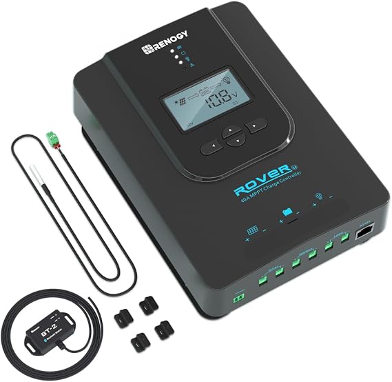 Renogy Rover MPPT Solar Charge Controller with Bluetooth 40A 12V/24V | 100V PV input,AGM/Gel/Flooded (auto), Li (manual), MPPT 99%,overcharge/short protection, negative ground,Bluetooth monitoring