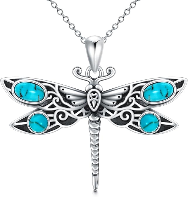 Dragonfly Necklace 925 Sterling Silver Genuine Blue Turquoise Dragonfly Pendant Flying Animal Jewelry Gifts for Women Christmas Birthday