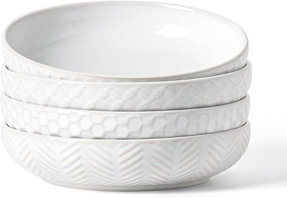 FOBENTA Embossed Ceramic Pasta Bowls Set of 4 Medium 7.5-Inch, 26oz Serving Bowls for Pasta, Salad, Fruit Stackable, Microwave & Dishwasher Safe Great Gift for Housewarming or Everyday Use