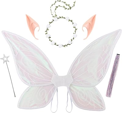 PESAAT Fairy Wings for Adult Sparkling Sheer Girls Butterfly Wings with Fairy Hair Tinsel,Elf Ears,Flower Garland,Wand