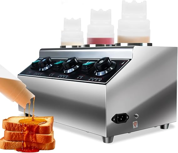 Electric Sauce Warmer Dispenser,525W Commercial Stainless Steel Countertop Hot Caramel Chocolate Cheese Warmer with 3x0.68Qt Squeeze Bottles 86-185F