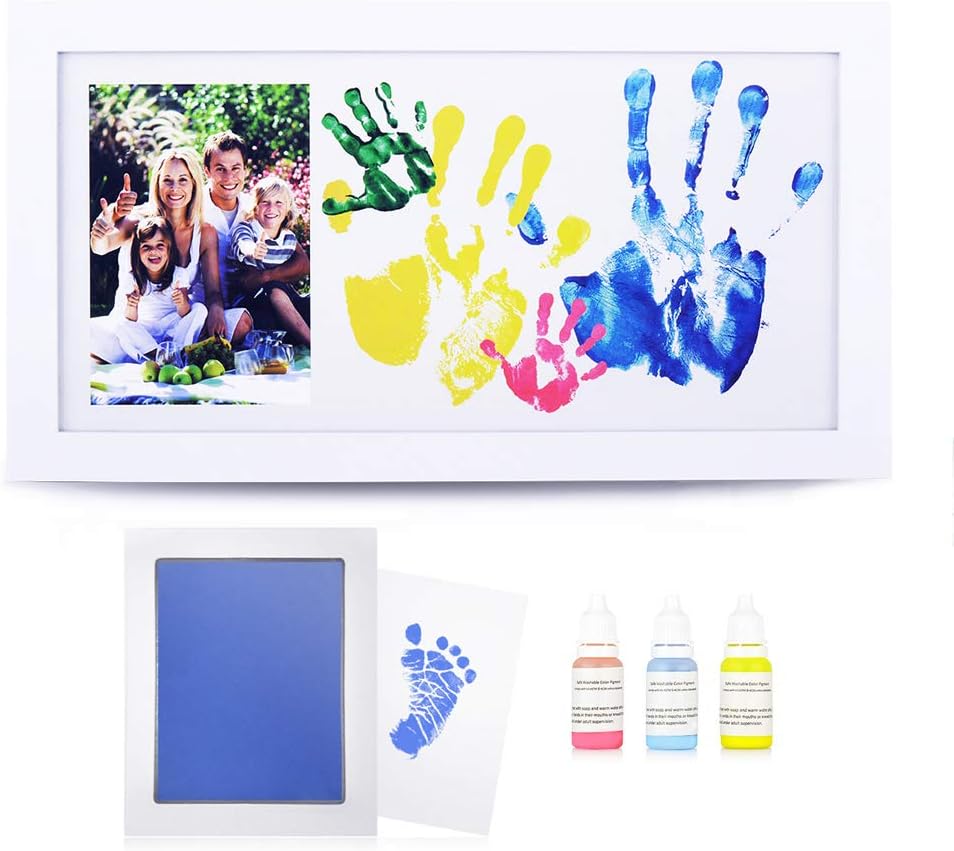 NWK DIY Family Photo + Family Hand/Footprints Kit with 10 X 17inch Elegant White Wood Picture Frame, Non-Toxic Watercolor Paints, Baby Shower Adoption Father's Day Gift for New Mom Dad (with Ink pad)