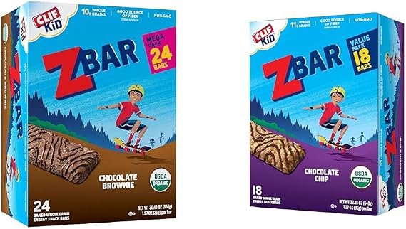 CLIFF Kid Zbar Organic Soft Baked Whole Grain Snack Bars Bundle - Chocolate Brownie (24 Pack, 1.27 oz.) and Chocolate Chip (18 Pack, 1.27 oz.)