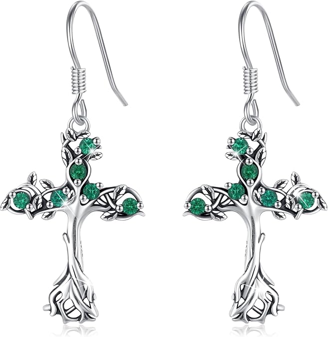 Celtic Cross Earrings 925 Sterling Silver Tree of Life Dangle Earrings Family Tree of Life Cross Earrings for Women Faith Earrings Emerald Celtic Cross Earrings Tree of Life Jewelry for Women