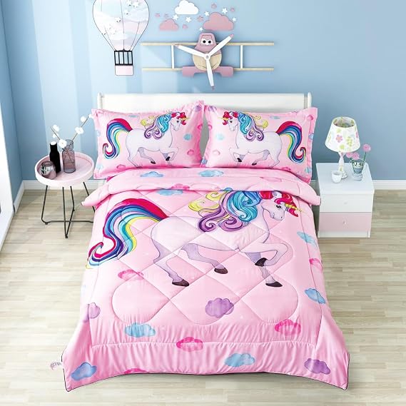 Unicorn Bedding Set Twin for Girls Comforter Set Twin 5 Pieces Pink Bedding Set for Girls Rainbow Bed Set Kids Bed in a Bag with Comforter, Flat Sheet, Fitted Sheet and 2 Pillowcases, Pink