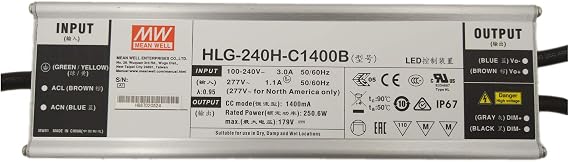 MW Mean Well HLG-240H-C1400B 179V 1400mA 250.6W Single Output Switching LED Power Supply with PFC