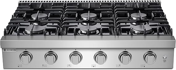 AAOBOSI 36 Inch Gas Cooktop with 6 Burners, 78,000 BTU Rangetop | Stainless Steel Freestanding Commercial Cooktop NG/LPG Convertible with Cast Iron Grates, Easy to clean
