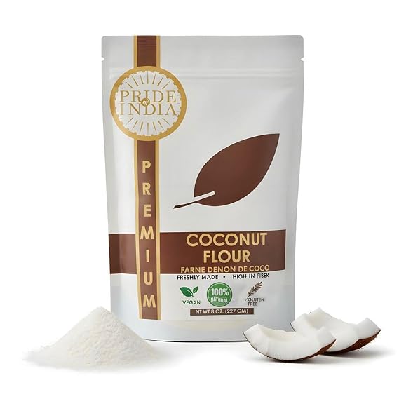 Coconut Flour by Pride of India Gluten-Free Substitute for All-Purpose Flour Ideal for Keto & Paleo Baking Vegan & Rich in Fiber Available in 8 oz. Resealable Pouch for Freshness