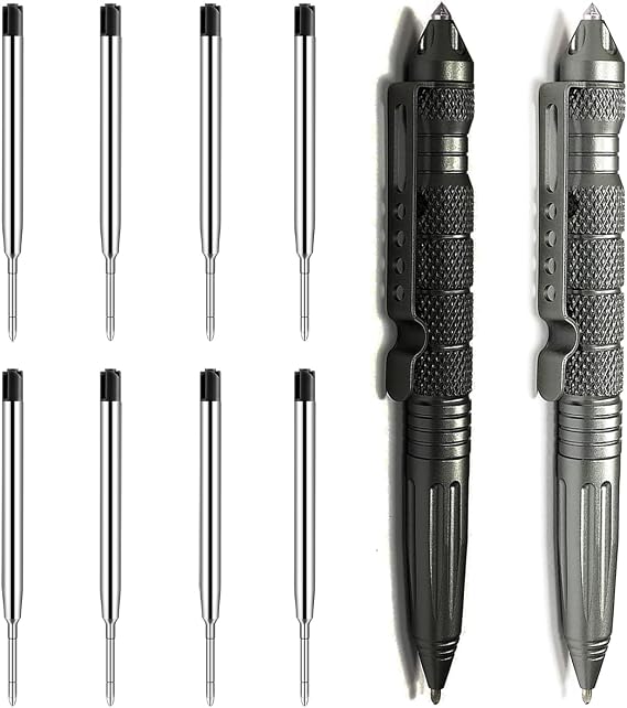 Origin-Joy 2 Pack Tungsten Steel Military Tactical Pen Set, Multifunctional EDC Self Defense Pen With 8 Ballpoint Refills (Black & Gray)