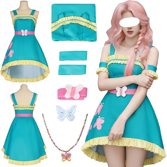 MYSUPERSTAR Fluttershy Costume Fluttershy Dress Green Uniform Party Outfit With Necklace