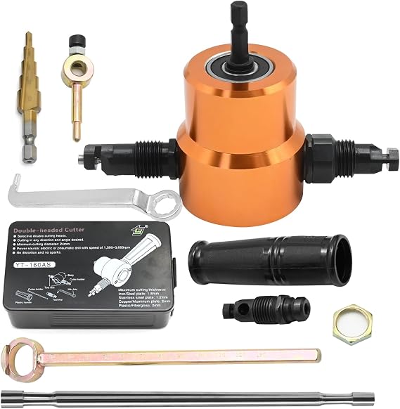360 Degree Double Head Sheet Metal Nibbler Cutter, Drill Attachment Metal Cutter with Extra Punch and Die, Cutting Hole Accessory and Step Drill Bit, for Straight Curve and Circle Cutting
