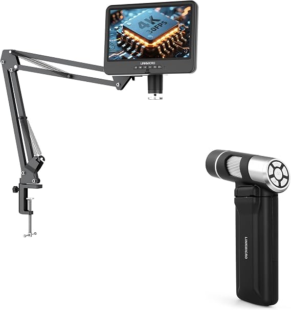 LM208S-A 4K 30FPS HDMI 10.1'' Digital Microscope with Screen for Electronics Repair, Full View Coins + LM203 4" Handheld Digital Microscope with Screen, 200X USB Coin Magnifier with Lights