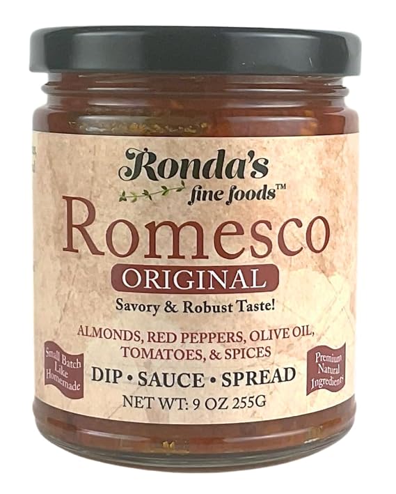 Romesco Dip, Spread, Topping & Sauce Thick, Small-Batch Romesco with Almonds, Pure Olive Oil, Red Peppers, Tomato Keto, Vegan, Gluten-Free Red Sauce for Fish, Meat, Veggies, Chicken by Rondas Fine Foods