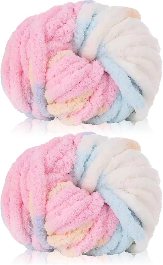2 Pack Chunky Yarn,240g Chenille Yarn for Hand Knitting,Multi-Colored Soft Thick Wool,Super Chunky Wool for Knitting&amp;Crocheting Blanket,Cushion,Pet Beds,Bags,Hats,Scarves(Colored Marshmallow)
