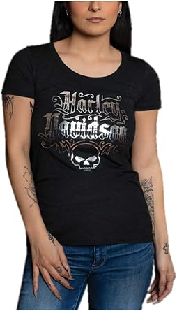 Harley-Davidson Women's Goth Willie G Skull Short Sleeve Scoop Neck Tee - Black