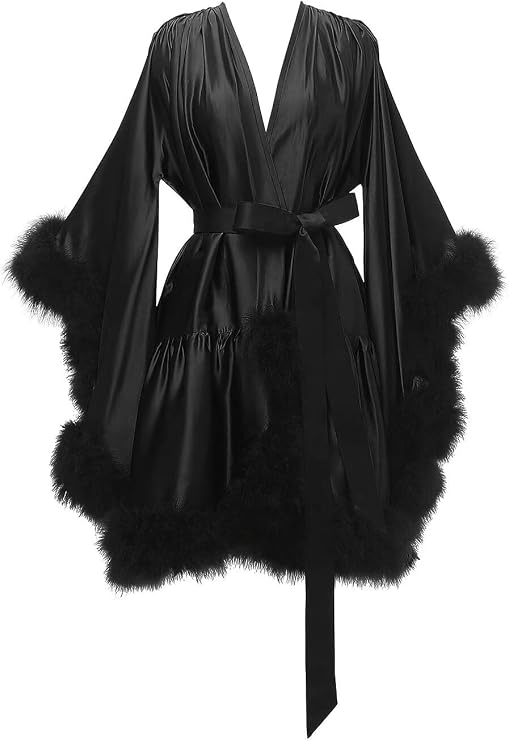 Tianzhihe Feather Robe Silk Satin Short Sexy Bridal Dressing Gown Sexy Bathrobe Sleepwear Nightgown
