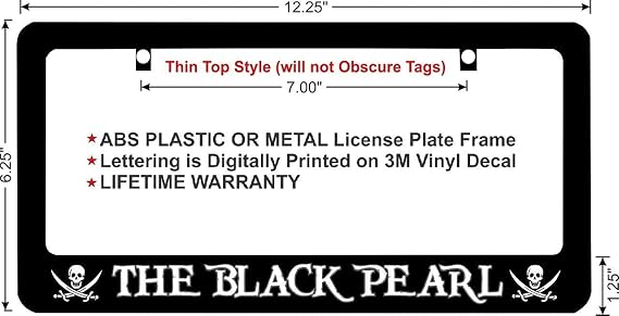 Monitorloe Pirates of The Caribbean The Black Pearl White Lettering Custom License Plate Frame Black Metal 12 x 6 Inch